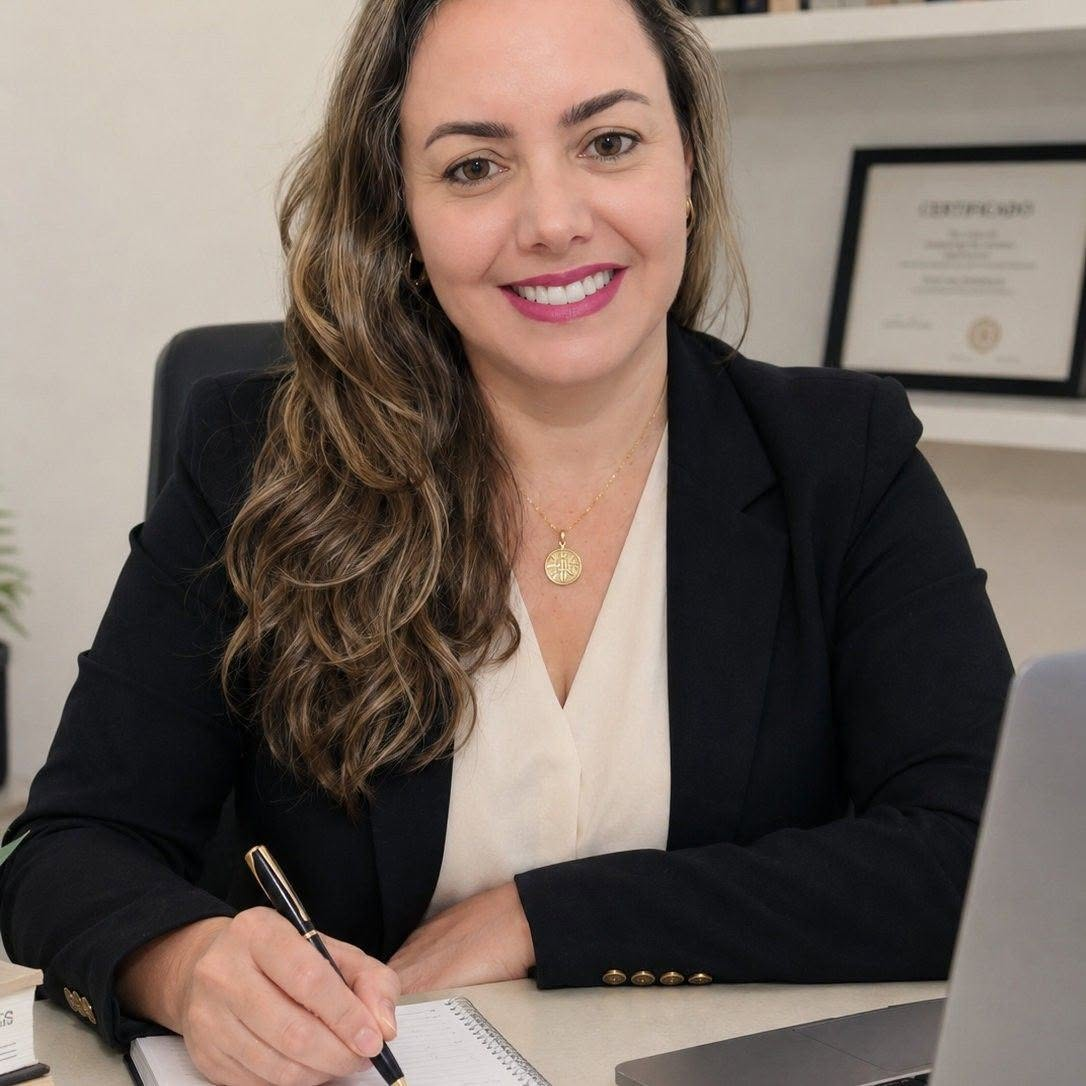 Dra. Ana Cláudia Barbosa, advogada em São João da Boa Vista, sentada em seu escritório com blazer profissional